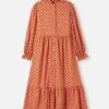 Burnt Orange Midi Tier Dress With Frill Neck
