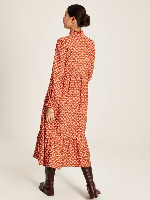 Burnt Orange Midi Tier Dress With Frill Neck 2 Burnt Orange Midi Tier Dress With Frill Neck - Image 2