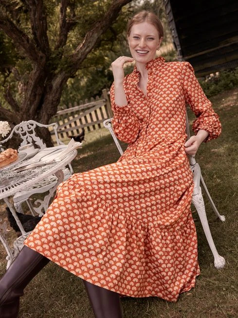 Burnt Orange Midi Tier Dress With Frill Neck 6 Burnt Orange Midi Tier Dress With Frill Neck - Image 6